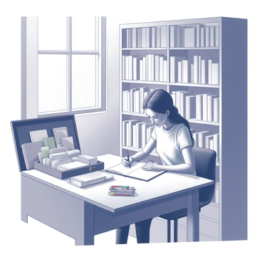Nami studying in a library, with an illustrated box filled with books and art supplies beside her.