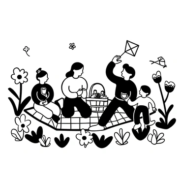 A family sitting on a checkered picnic blanket in a garden. There is a wicker basket filled with various food items next to them. The adults are pouring drinks from glass bottles into cups. Children are playing nearby, holding colorful kites. Numerous blooming flowers of different shapes and sizes surround the picnic area, creating a lively atmosphere. A few butterflies are fluttering above the flowers.