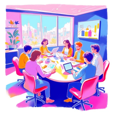 A 3D virtual meeting room is filled with high-tech furnishings. In the center, a large, oval table is surrounded by diverse avatars representing different team members. One avatar, a woman with short brown hair wearing glasses, is gesturing while discussing the marketing strategy. Another avatar, a man with a beard wearing a blue shirt, is taking notes on a digital tablet. The walls of the room are adorned with interactive screens displaying colorful graphs and charts. A large window showcases a futuristic cityscape in the background. Bright lighting enhances the modern atmosphere of the meeting space.
