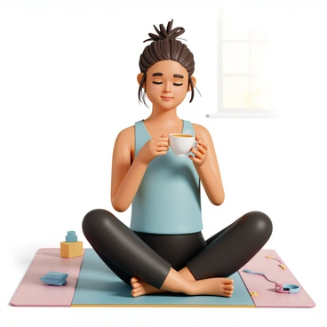 A young girl, wearing a light blue tank top and black yoga pants, is sitting cross-legged on a colorful yoga mat. She has long brown hair tied up in a messy bun, with a few loose strands framing her face. In her hands, she holds a delicate white teacup filled with herbal tea, taking a gentle sip. The girl has a serene expression on her face, with her eyes partially closed, enjoying the moment of calm. The yoga mat is placed on a wooden floor, and a few scattered yoga props, like a block and a strap, are beside her. Soft morning light filters through a nearby window, creating a warm atmosphere.
