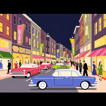 A busy 1950s city street at night filled with vintage cars in various colors, including red, blue, and green. The street is illuminated by bright neon signs displaying advertisements for diners, theaters, and local shops. People in period-appropriate clothing, such as men in suits and women in dresses, walk along the sidewalk, some stopping to admire the vibrant storefronts. The buildings are tall and feature classic architectural details, with a mix of brick and glass facades. The sky is dark, contrasting with the lively atmosphere created by the glowing lights.