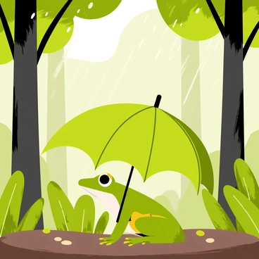 A small green frog with bright yellow spots is sitting on a large, vibrant green leaf that serves as an umbrella. The leaf is held above the frog's head, protecting it from the light rain falling in the forest. Raindrops are splashing on the surface of the leaf, creating small ripples. In the background, tall trees with thick trunks and lush, dark green foliage create a dense forest atmosphere. Soft light filters through the leaves, illuminating the scene with a gentle glow. The ground is covered in rich, damp soil and scattered with small pebbles and ferns.