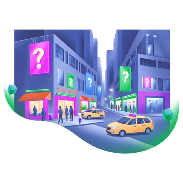 A busy city street at night filled with people and vehicles. The street is lined with tall buildings, each adorned with vibrant neon signs shaped like "?" in various colors including pink, blue, and green. The signs illuminate the surroundings with a bright glow, casting colorful reflections on the pavement. Small shops and cafes populate the street, with patrons sitting outside under the neon lights. A bustling atmosphere is created by pedestrians walking briskly, taxis passing by, and the sound of distant music from nearby establishments.