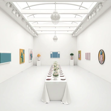An art gallery wedding venue featuring spacious, high ceilings and crisp, white walls. The walls are adorned with various pieces of artwork, including colorful paintings and striking sculptures that enhance the atmosphere. Elegant chandeliers hang from the ceiling, adding a touch of sophistication. In the center of the space, a long reception table is beautifully set with white tablecloths, delicate floral arrangements, and elegant tableware, creating an inviting and romantic ambiance for the event.