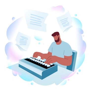 A writer at a typewriter, with papers flying around, representing the freedom to express thoughts