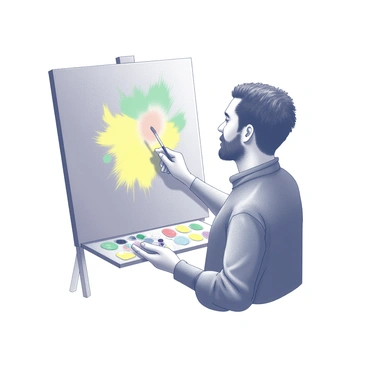 An artist is standing in front of a canvas that is primarily gray, representing a somber mood. The artist is holding a paintbrush in one hand while the other hand is poised dramatically over the canvas. The artist's expression conveys determination and focus as they apply vibrant colors onto the gray surface. The paintbrush is creating broad strokes of yellow, green, and various shades, contrasting sharply against the gray background. The artist's palette is filled with a variety of colors, signifying creativity and optimism. The scene captures a moment of transformation, as the once gray canvas begins to flourish with life and energy.