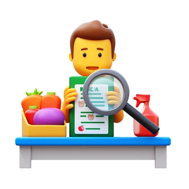A person holding a magnifying glass in front of a food package. The food packaging displays an ingredient list with various items clearly visible. The person's expression shows concentration as they read the list. The setting features a tabletop with other groceries in the background, adding context to the scene. The magnifying glass is positioned so that it enhances the text on the package, making the ingredients more prominent.