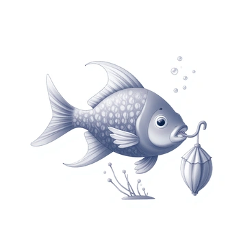 A fish with intricate scales is positioned underwater, gripping a tiny umbrella in its mouth. The fish has a round body and delicate fins that flutter softly in the water. The umbrella is small and colorful, with a curved handle that appears to be made of a thin material. Tiny bubbles rise around the fish as it swims gracefully, and strands of aquatic plants sway gently in the current nearby.