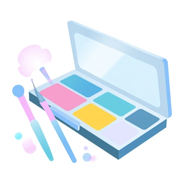 A vibrant makeup palette is displayed open, showcasing an array of colorful powders in rectangular compartments. The colors include bright pinks, deep blues, sunny yellows, and soft pastels, neatly arranged. Several makeup brushes of different sizes are positioned next to the palette, each with colorful bristles. The background is softly blurred, highlighting the palette and brushes.