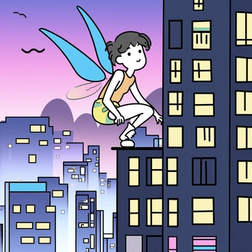 A modern fairy with "neon-colored wings" is perched on the edge of a tall "city skyscraper." The fairy has a sleek, contemporary outfit that incorporates shimmering fabrics and geometric patterns. Her hair is styled in a trendy fashion, with vibrant colors that complement her wings. Below, the bustling city shows various buildings and glowing lights, enhancing the urban environment. The sky above is a gradient of twilight hues, adding depth to the scene. The fairy looks out over the cityscape, embodying a blend of fantasy and modernity.