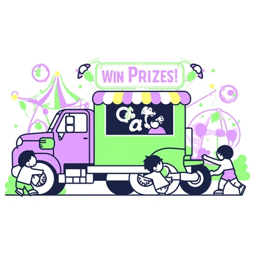 A junk truck is transformed into a carnival game booth at a fairground. The truck has a vibrant exterior with colorful banners and signage reading "Win Prizes!" in bold, eye-catching letters. The back of the truck is open, displaying various game options, including a ring toss and a dart board with balloons. Colorful stuffed animals hang from the sides, enticing players to participate. A few children are gathered around, eagerly waiting for their turn. The scene is set against a cheerful fairground atmosphere with other rides and decorations in the background.