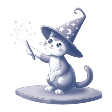 A cat wearing a pointed wizard's hat sits atop a wooden table. The hat has a curled tip and is adorned with stars and moons. The cat has fur that appears fluffy and soft, with alert ears pointed upwards. In its paw, the cat holds a wand that emits a bright glow, illuminating the surrounding area. The cat’s eyes are focused, reflecting a sense of concentration as it prepares to cast a spell. Small sparks and magical symbols can be seen swirling around the wand, enhancing the enchanted atmosphere.