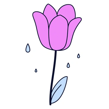 A pink flower with delicate petals sits upright. The petals are adorned with tiny, clear raindrops that reflect light and create a glistening effect. A gentle shower of rain is falling around the flower, with small droplets visibly descending. The background is soft and blurred, emphasizing the beauty of the flower.