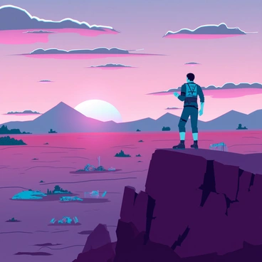 A lone figure with a rugged silhouette stands atop a large, barren hill. The figure is clad in tattered clothing, suggesting a survivor of a harsh environment. The sunset casts vibrant hues of orange, pink, and purple across the sky, illuminating the clouds with a warm glow. Below the hill, an expansive wasteland stretches out, dotted with scattered debris and remnants of a bygone civilization. The landscape is dry and cracked, with occasional patches of sparse vegetation. The figure gazes towards the horizon, taking in the breathtaking view of the sun descending behind distant mountains, creating a stark contrast with the desolate foreground.