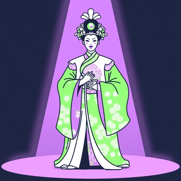 A Beijing opera performer stands center stage, dressed in a full, ornate costume. The costume features intricate patterns and vibrant accents, enhancing the performer's presence. The performer has dramatic makeup, showcasing bold colors and elaborate designs that highlight their facial features. Perched atop their head is an elaborate headgear, adorned with ornamental pieces that include feathers and jewels, adding to the overall grandeur of the character. The stage is set with dim lighting that focuses on the performer, creating a captivating atmosphere.