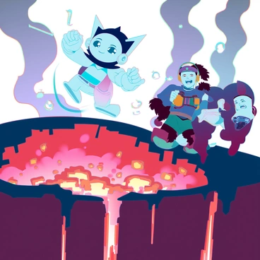 Astro Boy, a small robot boy with large expressive eyes and a distinctive spiky hairstyle, is in a dynamic pose as he hovers above the edge of an erupting volcano. The volcano is actively spewing bright orange molten lava and thick plumes of smoke into the air. Below him, a trapped explorer, a middle-aged man wearing a rugged backpack and safety gear, is struggling to escape the heat and danger. The explorer's face is marked with a sense of urgency and fear. Bright flashes of light illuminate the scene, highlighting the contrast between the dark landscape and the glowing lava. Astro Boy's metallic body reflects the fiery colors around him as he reaches out to rescue the explorer, showing determination and bravery.