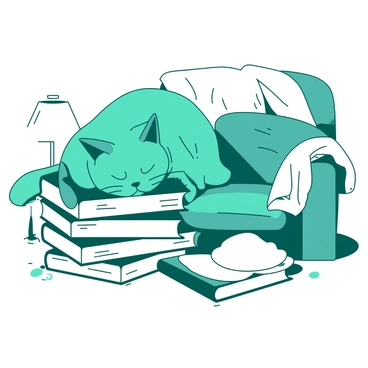 A teal cat is napping peacefully on top of a stack of white books. The stack of books is arranged in a haphazard manner, with some books tilted and others lying flat. The cozy reading nook features a comfortable chair in the background, with a soft white blanket draped over one arm. A small white lamp sits on a nearby table, casting a gentle light over the scene. A few white cushions are scattered around, enhancing the inviting atmosphere of the nook.