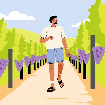 Samson walking along a narrow dirt path in a vineyard. The vineyard is filled with rows of lush green grapevines heavy with clusters of ripe purple grapes. Bright sunlight casts gentle shadows on the ground, and a clear blue sky is visible overhead. Samson is dressed in simple, comfortable clothing and has a calm expression as he enjoys the tranquil surroundings. In the background, rolling hills add depth to the scene, with a few fluffy white clouds drifting by.