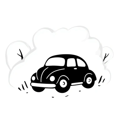 A VW Beetle is partially obscured by dense fog, with only its silhouette discernible in the mist. The car’s rounded shape and distinctive curves create a unique outline against the background. Surrounding the vehicle, the fog swirls, creating a sense of depth and mystery in the atmosphere. The ground appears damp, reflecting the low light of the early morning. Sparse, shadowy trees loom in the background, adding to the overall sense of isolation and tranquility.