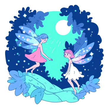 Two tooth fairies with delicate, sparkling wings are in a vibrant forest, creating a captivating light show. One fairy, with flowing blue hair, flutters gracefully above the ground, leaving a trail of shimmering teal light behind her. The other fairy, with soft pink hair, dances playfully among the trees, her wings radiating bright white glows that illuminate the surrounding leaves. Soft beams of light intertwine in the air, forming patterns that mesmerize the onlookers. The moonlight filters through the branches, adding a magical ambiance to the scene.