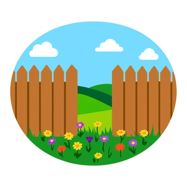 A tall wooden fence made of rough planks stands firmly in place, featuring a small gap near the center. Through this gap, a picturesque landscape is visible. In the distance, rolling green hills stretch under a bright blue sky filled with fluffy white clouds. A vibrant field of wildflowers in shades of yellow, purple, and red fills the foreground, adding splashes of color to the scene. A gentle breeze sways the flowers, creating a sense of movement. The sunlight illuminates the landscape, enhancing the vivid colors of the flowers and the lush greenery beyond the fence.