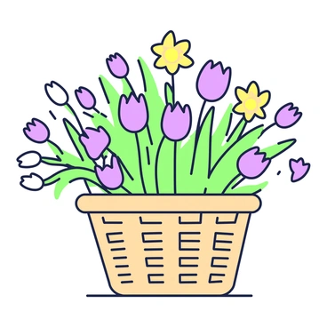 A wicker basket is placed on a wooden surface. The basket is brimming with freshly picked flowers. There are vibrant tulips of various colors arranged alongside bright daffodils, showcasing their distinct trumpet-shaped blooms. The tulips feature elongated petals, while the daffodils display their characteristic circular corona. Some leaves are visible, adding greenery to the arrangement. The basket has a natural texture, and the flowers are nestled snugly, creating a lush and vibrant composition.
