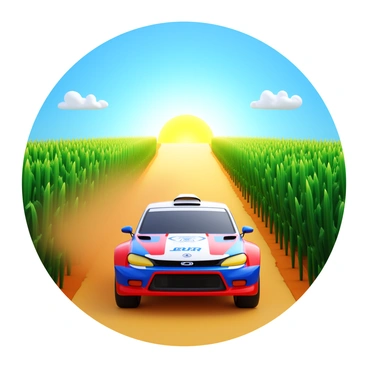 A rally car in vibrant colors is speeding down a dusty farm road. The car has visible dirt splatters on its sides, indicating high speed and off-road action. On either side of the road, tall green cornfields stretch into the distance, with the sun casting a warm glow over the landscape. A few clouds are visible in the blue sky above, adding depth to the setting. Dust is kicked up from the tires of the rally car, creating a dynamic and energetic scene.