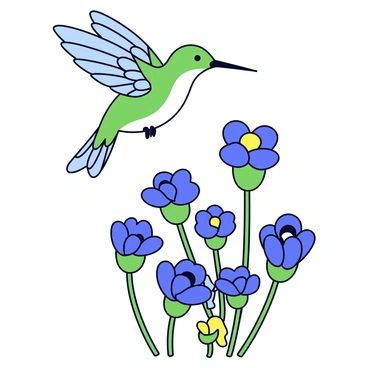 A colorful hummingbird hovering in the air with its wings beating rapidly. The bird has iridescent green and blue feathers that shine in the light. Below it, there is a cluster of cornflowers with vibrant blue petals and bright green stems. The cornflowers are in various stages of bloom, creating a lively scene. The background features soft colors to highlight the flowers and the hummingbird.