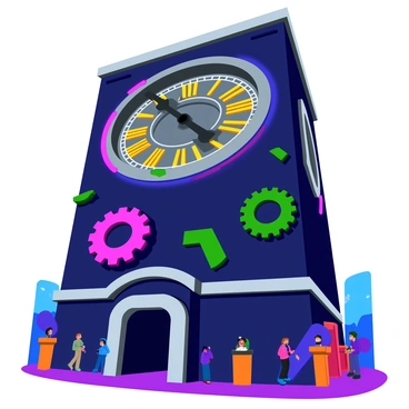 A gigantic clock tower with a detailed facade made of stone and metal. The clock face is prominently displayed, featuring bold numbers and ornate clock hands. Surrounding the clock are large, visible gears that are spinning, showcasing a complex mechanical system. The tower is adorned with vibrant neon lights in various colors that illuminate the structure, creating a striking contrast against the dark sky. The base of the clock tower is surrounded by a bustling city scene with tiny figures walking around, admiring the towering masterpiece.