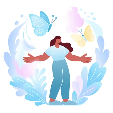 A person stands in a fantastical world filled with lush, vibrant foliage. The person is surrounded by giant butterflies with patterned wings in a spectrum of colors including blue, yellow, and pink. Each butterfly gracefully hovers around the person, creating a dynamic scene of movement. The person's arms are outstretched as they are embraced by the giant butterflies, emphasizing a sense of wonder and whimsy. The background features towering flowers with oversized petals and a softly glowing sky.