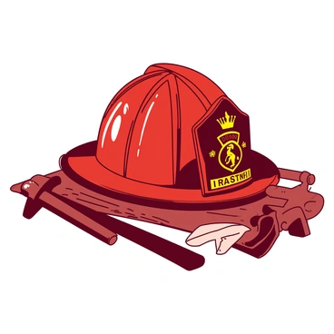 A red firefighter's helmet is placed on a wooden table, showcasing intricate designs and symbols etched into its surface. Each symbol represents a different aspect of bravery, such as a lion, a shield, and a flame, all carefully detailed. The helmet has a shiny finish that reflects light, highlighting the craftsmanship of the decorations. Surrounding the helmet are small tools of the trade, like an axe and a hose, emphasizing the heroic profession of firefighting.