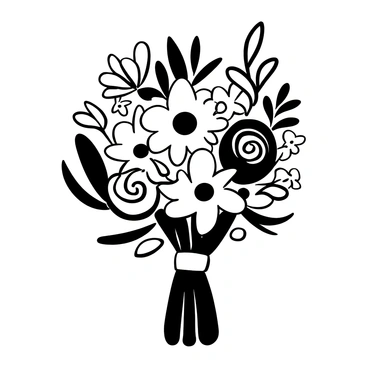 A wedding bouquet composed of various flowers arranged elegantly. The bouquet features roses, lilies, and daisies with leaves interspersed among them. The flowers are tied together with a simple ribbon. The bouquet is set against a soft, textured background that enhances its delicate details.