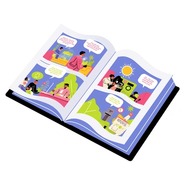 A futuristic comic book with a sleek, metallic cover featuring bold, colorful graphics. The comic book has holographic pages that shimmer and change visuals when viewed from different angles. Each page showcases dynamic scenes of AI narratives, including robots and futuristic cityscapes. There are speech bubbles with text that appear animated, bringing the stories to life. The setting includes a diverse cast of characters, such as humans and androids, interacting with high-tech devices in their environment. The overall design emphasizes vibrant colors and intricate details in the illustrations.