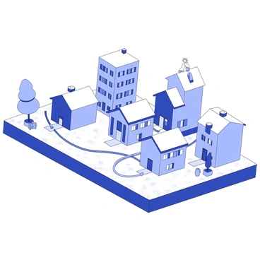 A tiny model world is displayed on a tabletop. The scene features a variety of miniature buildings, each with distinct architectural styles, positioned closely together. Some buildings have small windows and doors, while others showcase unique rooftop designs. Tiny LAN cables connect the buildings, running along the ground and creating a network between them. The ground is covered with a textured surface that resembles grass, adding depth to the scene. In the background, there are miniature trees and garden elements, enhancing the overall charm of this model world.