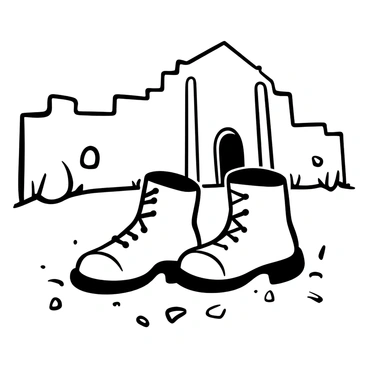 A pair of worn-out boots placed at the foot of the Alamo, with visible scuffs and fraying laces. The historic structure of the Alamo rises majestically in the background, showcasing its stone walls and iconic architecture. There are patches of grass and dirt around the boots, indicating the passage of time and the impact of the battle. The scene conveys a sense of sacrifice and remembrance, with the boots serving as a poignant symbol of the toll of conflict.