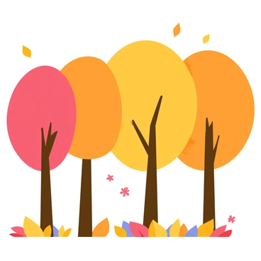 A row of trees with thick brown trunks and a rich canopy of vibrant orange, red, and yellow leaves. The trees have a variety of shapes, with some being tall and slender while others are broader and bushier. Leaves are shown drifting down from the branches in distinct “#” shapes, creating a playful and whimsical atmosphere. The ground is covered with a colorful blanket of fallen leaves, and the sky is a soft blue, hinting at a clear autumn day.