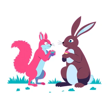 A small squirrel with bright, fluffy fur and a bushy tail is standing on its hind legs, holding a piece of food in its tiny paws. Its eyes are wide and mischievous, conveying a playful intent. The larger animal, a brown rabbit with long ears and soft fur, sits on the ground, looking surprised and slightly defensive. The scene shows the rabbit with its ears perked up, staring at the squirrel, while the squirrel stands confidently, positioned close to the rabbit, as if it is daring the rabbit to reclaim its food. The background includes patches of green grass and a scattering of fallen leaves, providing a vibrant setting for this playful confrontation.