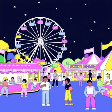 A carnival at night filled with vibrant colors and bright lights. There are several amusement rides, including a towering Ferris wheel decorated with multi-colored lights. Groups of people, including children and adults, are engaging happily in various game booths with colorful prizes displayed. Brightly lit food stalls offer snacks, with signs showcasing popular items like popcorn and cotton candy. The sky is dark, contrasting beautifully with the sparkling lights of the carnival.