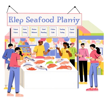 A bustling fish market filled with colorful stalls. Customers are gathered around a tasting booth, sampling fresh seafood. The booth has a white tablecloth and displays an assortment of fish, shrimp, and crabs on ice. Some customers hold small plates with samples of the seafood while others chat with the vendor behind the booth. Banners overhead advertise the day's catch, and the atmosphere is lively with people enjoying the experience of fresh seafood tasting.