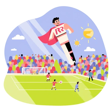 A superhero resembling "Ronaldo" flies high above a vibrant green football field. He wears a striking costume that features a red and white color scheme, with a large "R" emblem on his chest. His cape flows dramatically behind him as he soars through a clear blue sky. Below, the football field is marked with white lines, and players in colorful uniforms can be seen playing a match. Spectators in the background cheer enthusiastically from the stands, adding excitement to the scene. The sun casts bright rays, enhancing the lively atmosphere.