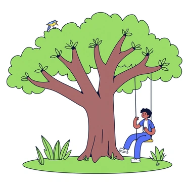 A large tree with a thick trunk and expansive branches that spread wide. Hanging from one of the branches is a simple wooden swing, gently swaying. A person is seated on the swing, appearing deep in thought with a relaxed posture. The surrounding area is filled with lush green grass and a variety of plants. Sunlight filters through the leaves, casting soft shadows on the ground. A few birds can be seen perched on the branches above, adding to the natural atmosphere.