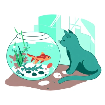 A teal cat is sitting on a wooden table, its body slightly crouched, with a focused expression as it intently watches a goldfish swimming in a round glass bowl. The bowl is filled with clear water, and there are small pebbles at the bottom. The goldfish, bright and vibrant, is gliding gracefully among the plants inside the bowl. Sunlight streams through a nearby window, creating reflections on the glass, while the cat's tail is flicking gently, showing its curiosity.