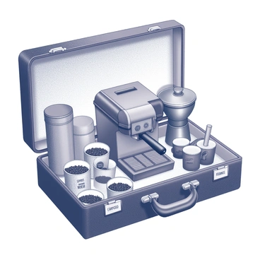 A suitcase packed with espresso essentials for a coffee lover on the go