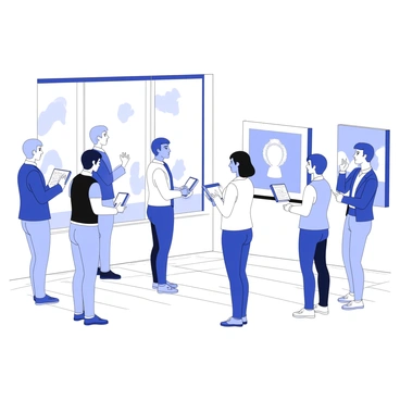 A group of stakeholders is gathered in an art gallery, engaged in a discussion about a collaborative project. They stand in front of various paintings, which are displayed prominently on the white walls. The stakeholders include a diverse mix of individuals, each holding digital tablets or notepads, taking notes, and exchanging ideas. Some are pointing to specific paintings, while others are listening attentively. The interior of the gallery has polished wooden flooring and soft lighting that highlights the artwork on display. A large window can be seen in the background, filtering in natural light and offering a glimpse of the outside.