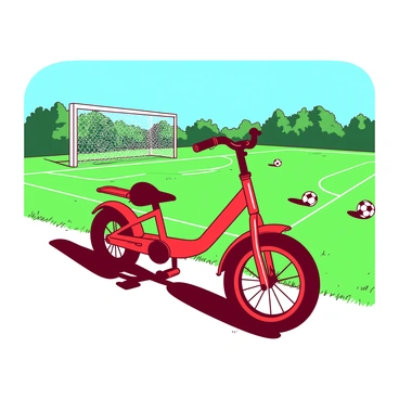 A red mini bike is parked beside a lush green soccer field. The frame of the bike gleams in the bright afternoon sun, casting a small shadow on the grass. The field in the background is marked with white lines, with a goalpost visible at one end. A few soccer balls are scattered near the sideline, adding to the scene's lively atmosphere. The sky above is clear and blue, enhancing the brightness of the day.
