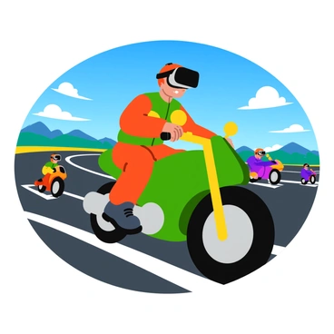 A person wearing a sleek black VR headset with a strap wrapped around their head is sitting on a motorcycle. The individual is gripping the handlebars tightly, with visible excitement on their face. They are dressed in a colorful racing suit with protective padding. The background shows a dynamic virtual environment with a bright blue sky and a winding racetrack. There are other motorcycles racing alongside, some in vibrant colors, creating a sense of speed and competition. The scene captures the thrill of immersive gaming.