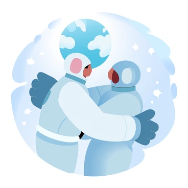 Two astronauts in space are embracing each other, their suits reflecting the vastness around them. Behind them, Earth is visible, showcasing vibrant blue oceans and white cloud patterns. The stars twinkle in the deep black of space, adding a sense of depth to the scene. Each astronaut is wearing a helmet, with their suits featuring intricate details and patches. The embrace conveys a sense of unity against the backdrop of the cosmos.