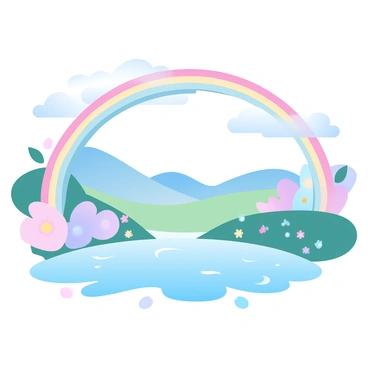 A "rainbow bridge" arches gracefully over a "vibrant landscape" filled with "dreamlike" elements. Below the bridge, an expansive meadow is covered with colorful flowers in various shapes and sizes. In the distance, rolling hills extend towards the horizon, blending into a soft gradient of pastel colors. A clear, shimmering lake reflects the hues of the sky and the rainbow. Fluffy clouds float gently above, enhancing the ethereal atmosphere of the scene.
