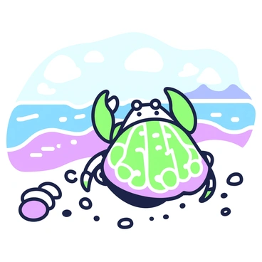 A hermit crab is peeking out of a beautifully patterned shell on the shore. The shell features intricate designs and vibrant textures, showcasing its unique colors and patterns. The hermit crab has its small claws raised, ready to explore its surroundings. In the background, there are grains of sand scattered across the shore, with a few small pebbles and seashells nearby. Light reflects off the water's surface in the distance, creating a serene coastal scene.