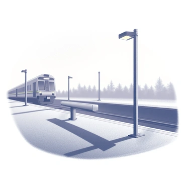 A train platform is depicted at dusk, with soft shadows stretching across the ground. There is a single wooden bench situated along the platform, facing the tracks. In the distance, a train is partially visible, its silhouette outlined against the fading light. The surrounding area is empty, enhancing the sense of solitude. Sparse details of the platform's structure are included, such as overhead lights that are beginning to glow softly as the daylight fades.